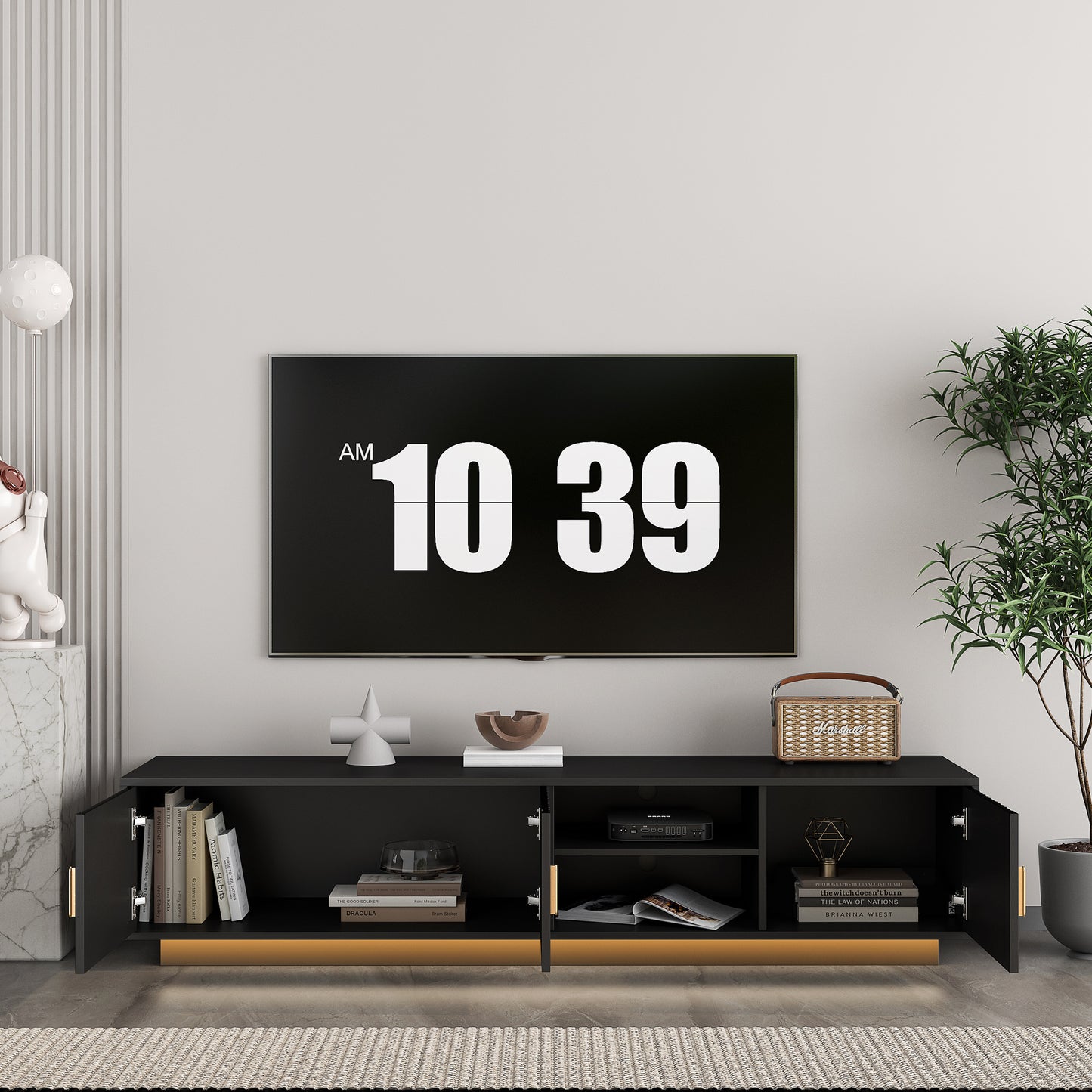 Mid Century Modern TV Stand With LED Lights For 80 Inch TV, Entertainment Center Wooden.