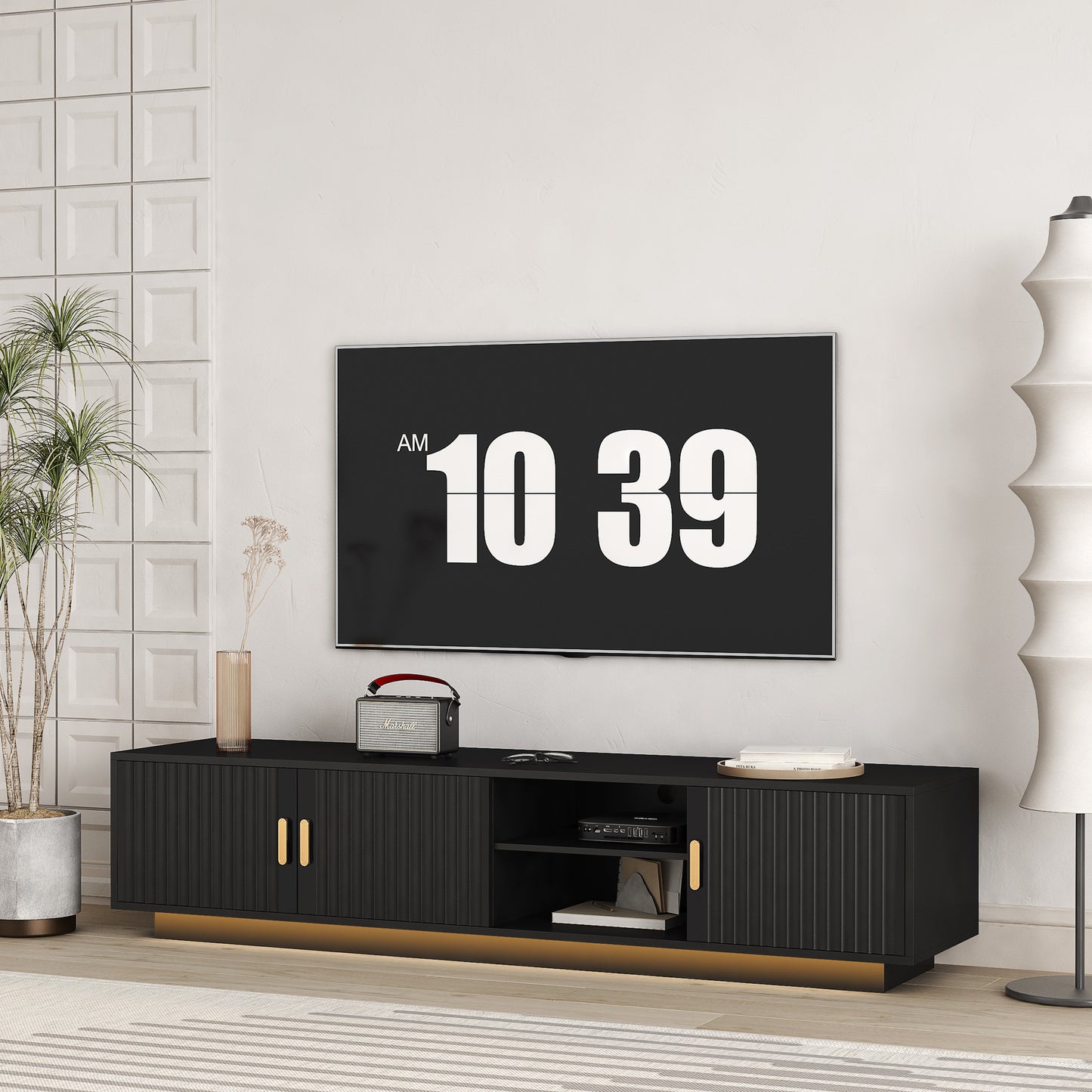 Mid Century Modern TV Stand With LED Lights For 80 Inch TV, Entertainment Center Wooden.