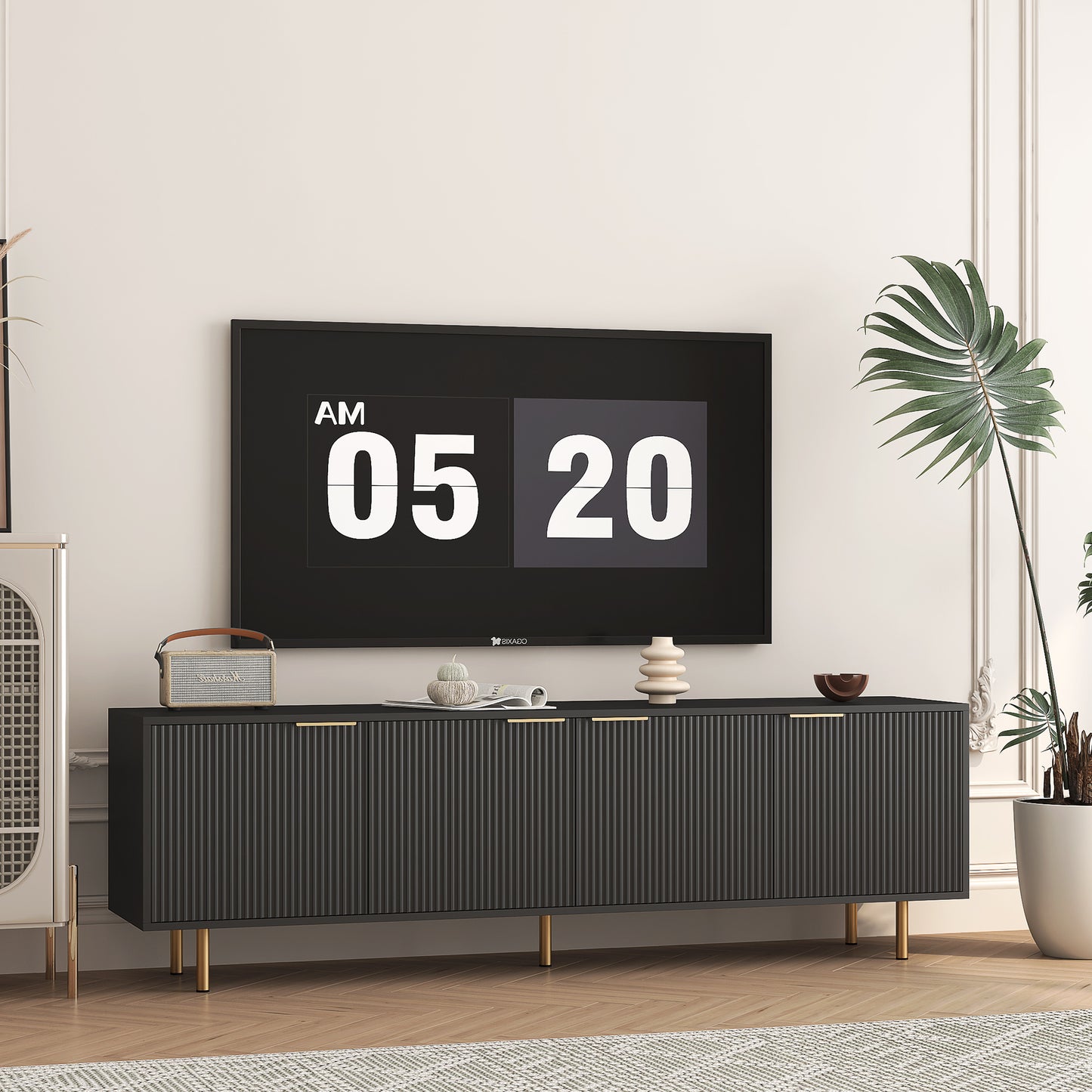 Black Modern TV Stand Fluted , Entertainment Center With Storage Doors, TV Console Media Cabinet, For 55 Inch TV, Living Room