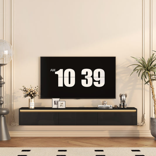 Floating TV Stand, Wall Mounted TV Shelf With Led Lights & Power Outlet,High Gloss TV Cabinet For Black Tv Stands For Living Room