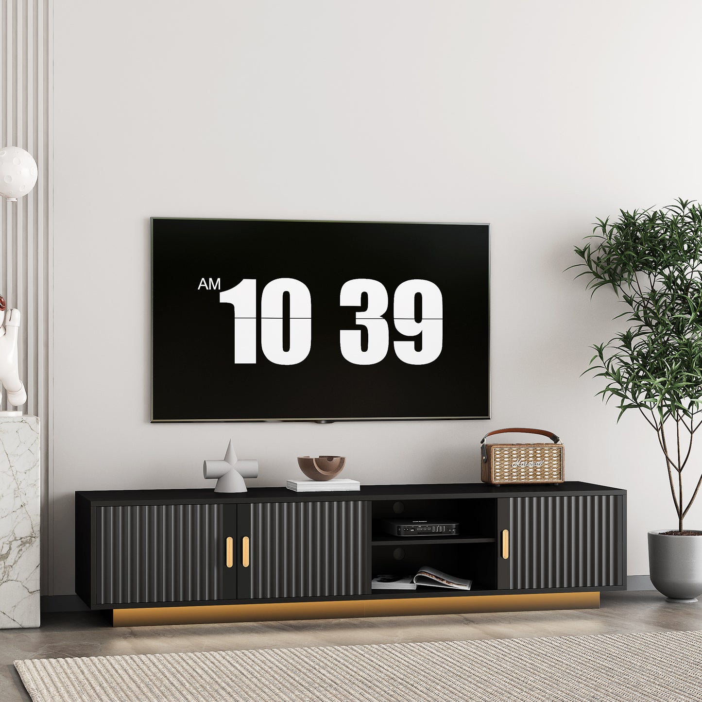 Mid Century Modern TV Stand With LED Lights For 80 Inch TV, Entertainment Center Wooden.