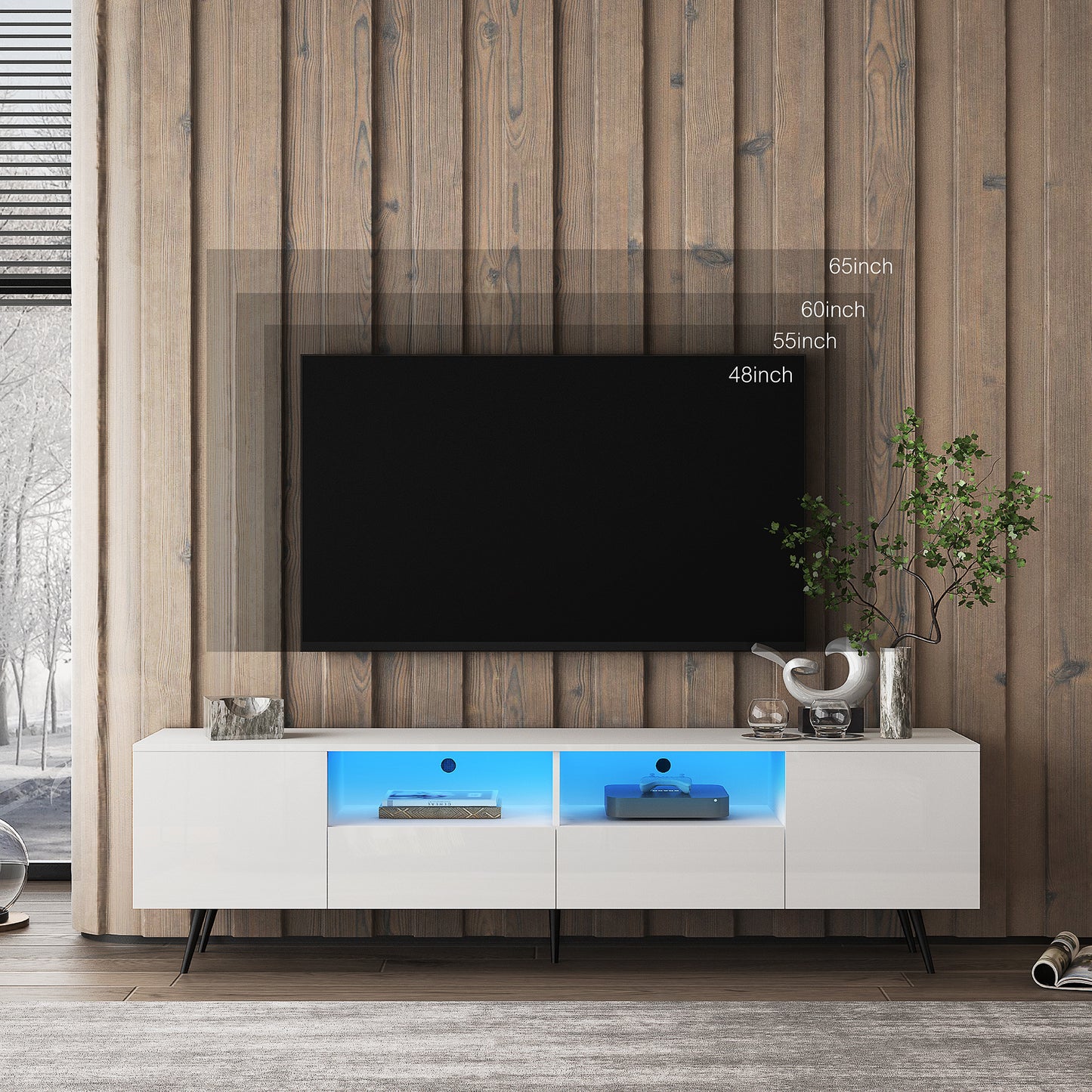 Modern White TV Stand, 16 Colors LED TV Stand W Remote Control Lights