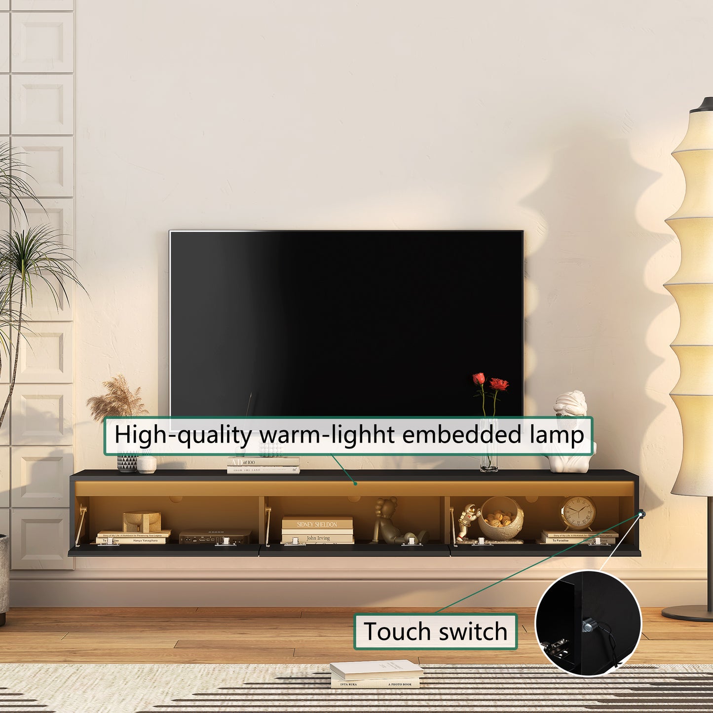 Floating TV Stand, Wall Mounted TV Shelf With Led Lights & Power Outlet,High Gloss TV Cabinet For Black Tv Stands For Living Room