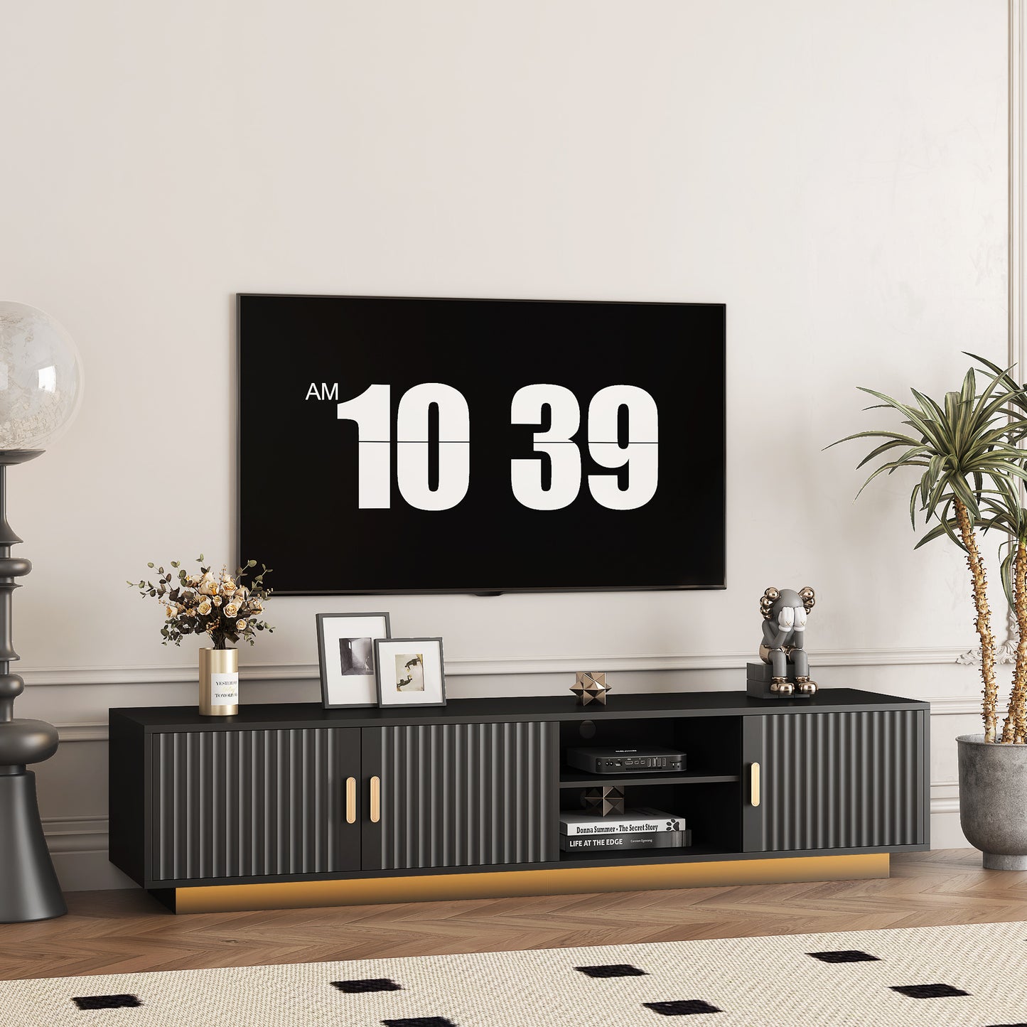 Mid Century Modern TV Stand With LED Lights For 80 Inch TV, Entertainment Center Wooden.